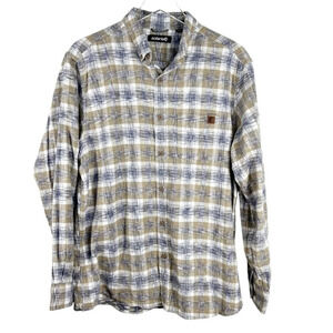 SOLARIS Men’s Tan & Blue Cotton Plaid Flannel Outdoors Work Shirt Large